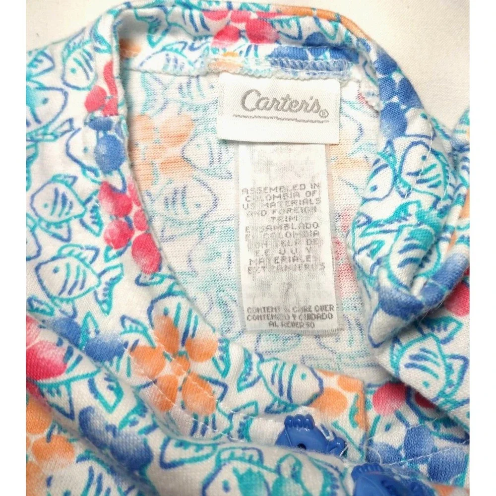 Vtg Carter's Girls Sz 7 Fish Dress Short Sleeve Button‎ Front Cotton Flower